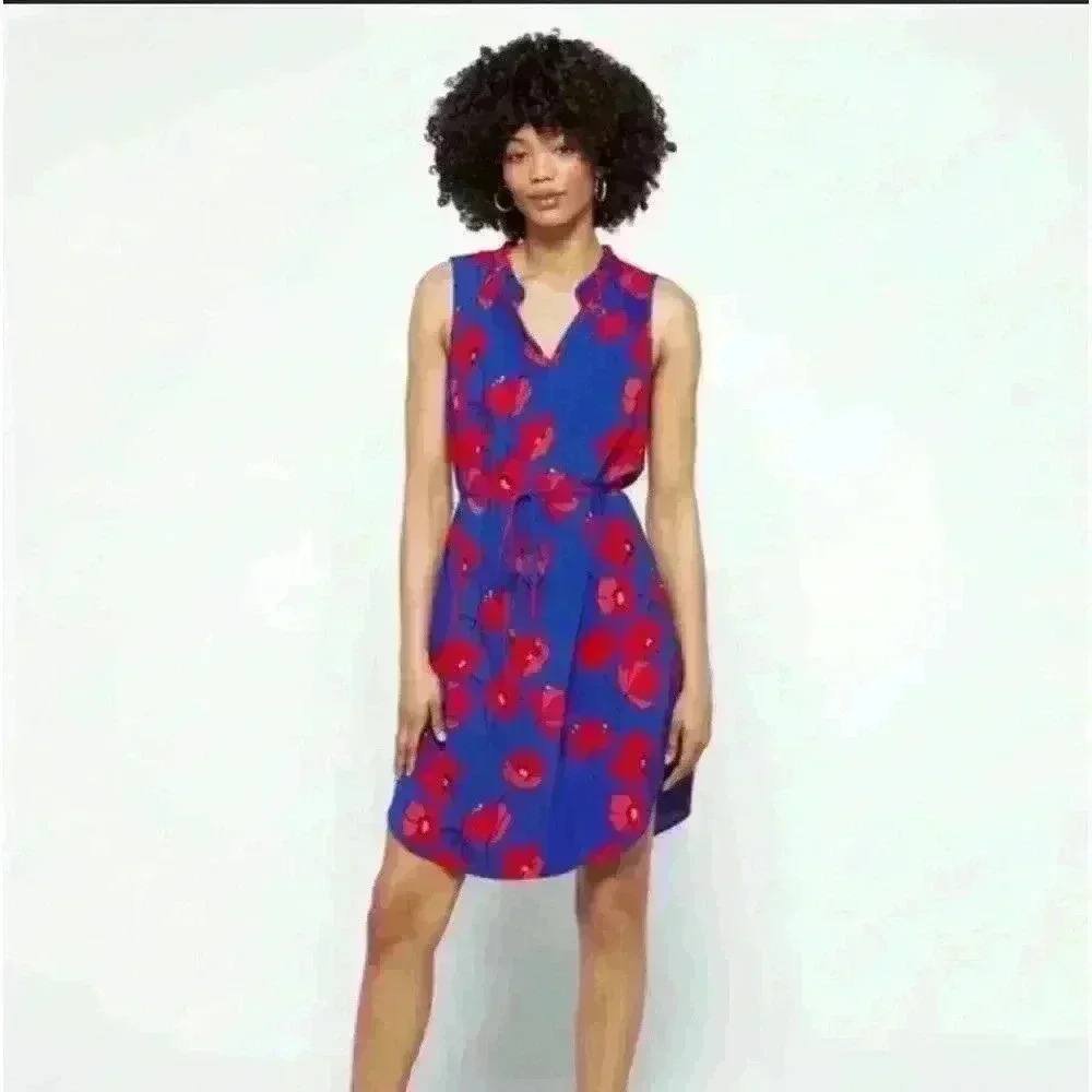Sleeveless Blue Floral Tie-Waist Dress